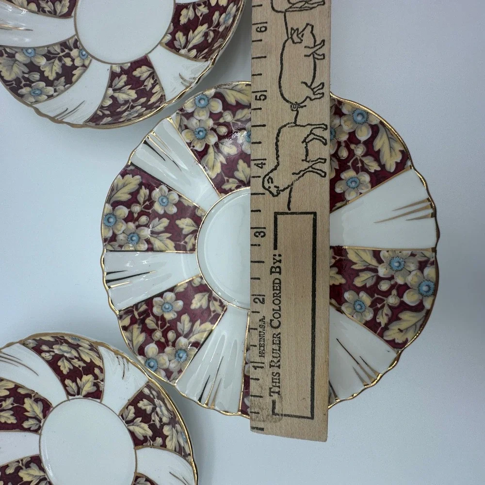 Royal Albert Brocade Art Deco Panel Shape Teacups and Saucers Set of 3 Burgundy
